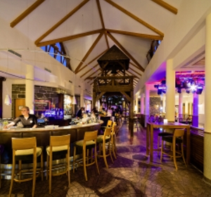Blick auf eine lila beleuchtete Lobby-Bar.